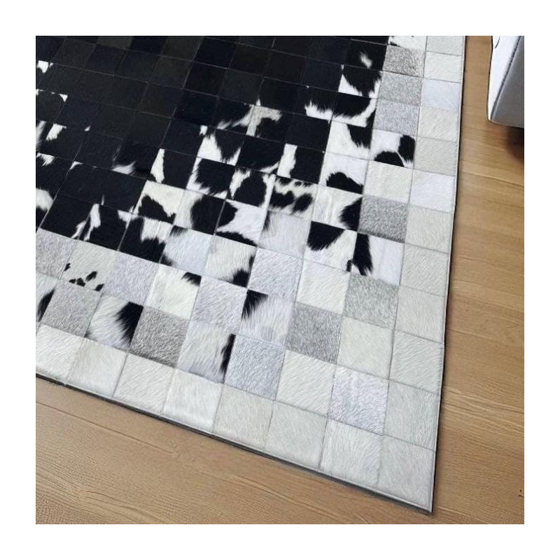 Tapis en cuir de vache noir et blanc, tapis en cuir véritable, Rectangle 6 pi x 9 pi