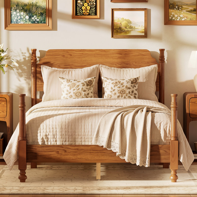 Structure de lit double en bois pleine grandeur avec tête de lit, lit plateforme antique, sans sommier, assemblage facile, noyer clair