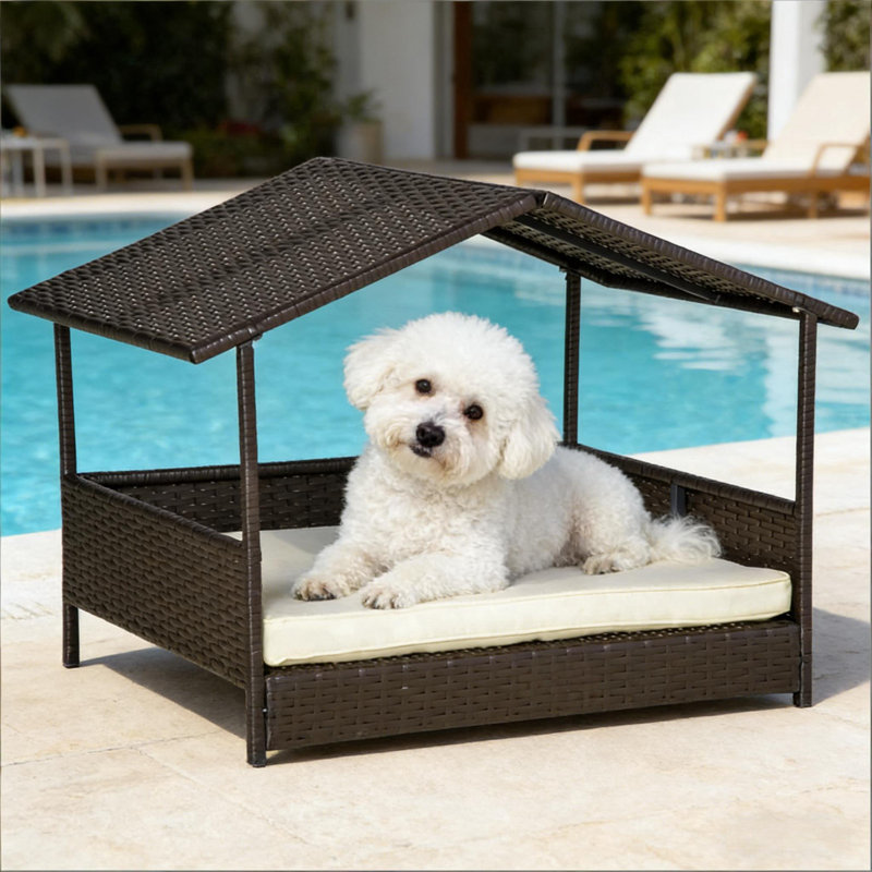 Lit pour animal de compagnie, niche pour chien en rotin, H 27,5 po x l 38,5 po x P 27,25 po, Brun