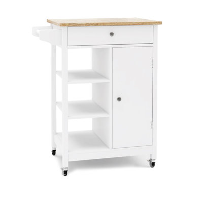 Rolling Kitchen Island With Solid Wood Countertop And Door White Cart Drawer Storage Extra Shelf Space