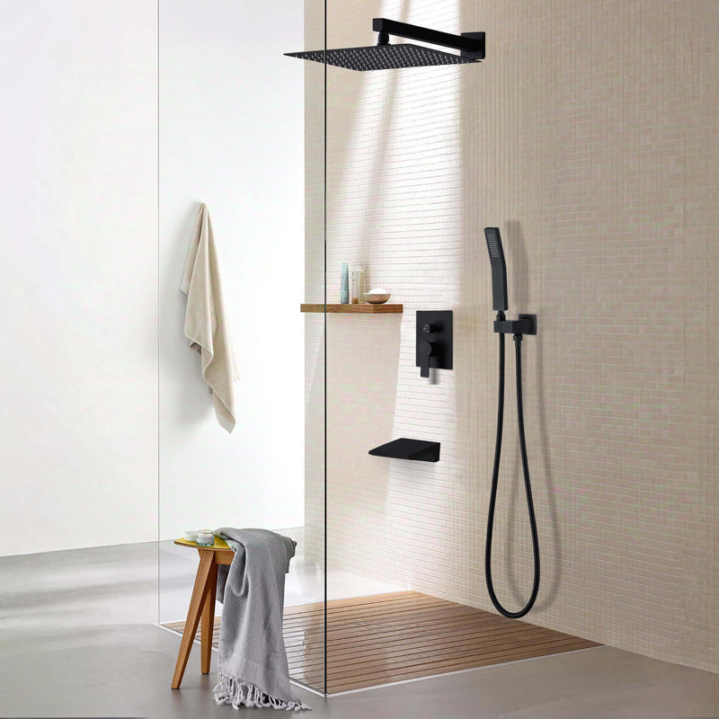 Système de robinet de douche mural moderne noir avec pomme de douche à pluie et ensemble de poignées