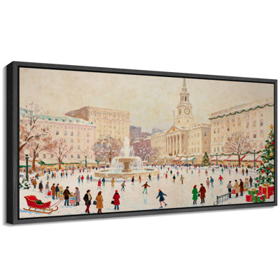 Christmas Holiday Celebration Vintage Christmas Ice Skating Plaza with Fountain and Clock Tower Artwork Extra Large Pictures Framed Canvas Print Wall Art