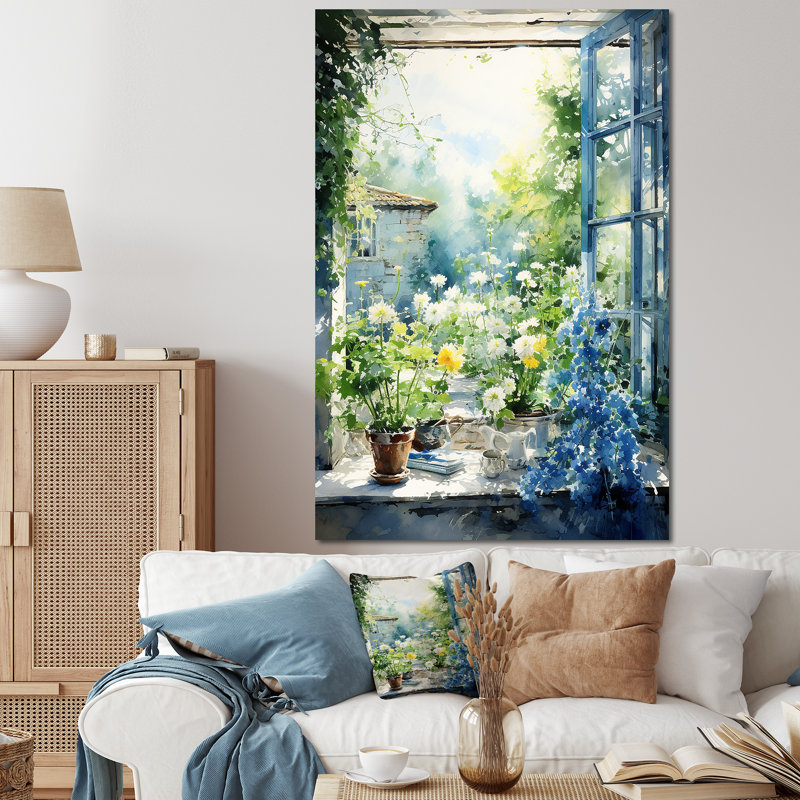 Vert et bleu campagne fenêtre charme II - ferme fenêtres, art mural sur toile, Toile tendue, 40" H x 30" W