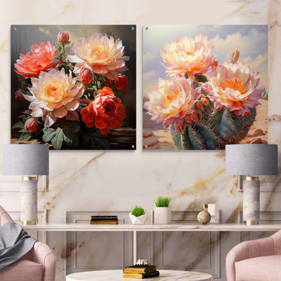 Cactus rose et vert délicates subtiles hameçon I - Cactus acrylique, ensemble de 2 verres muraux