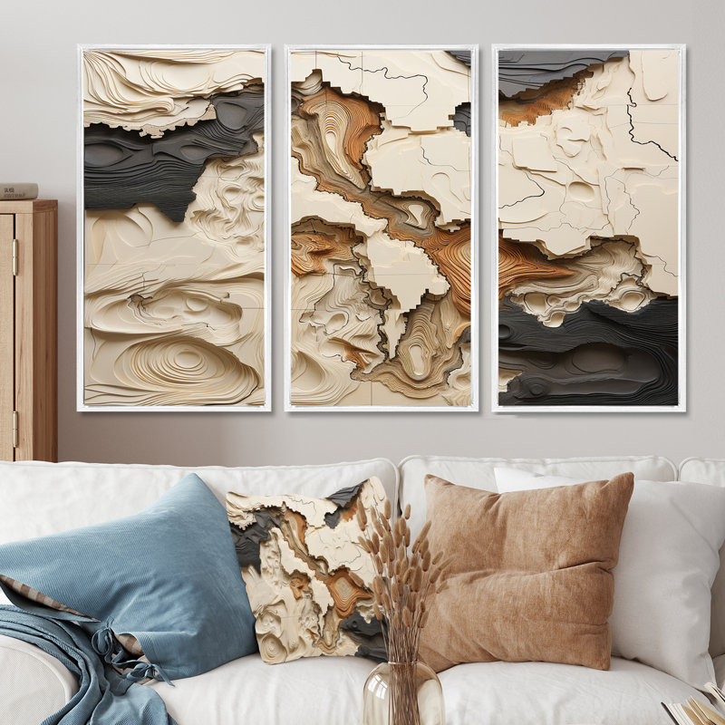 Ensemble de décoration murale beige et brun «African River Collage», H 32 po x l 48 po x P 1 po, Cadre flottant blanc