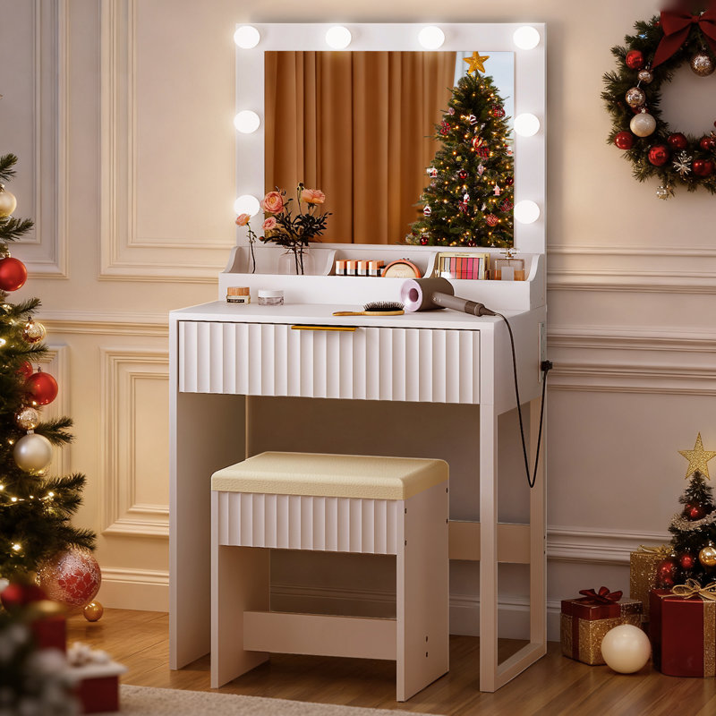 Dressing Table Set - 1 Drawer & 3 Compartments, 8 Dimmable Bulbs, White