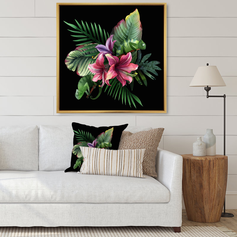 Bouquet de fleurs tropicales et de feuilles sur fond noir I - reproduction d'art sur toile traditionnelle