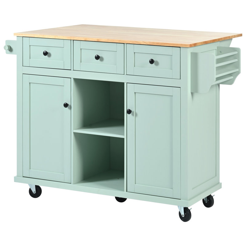 Kitchen Cart With Rubber Wood Drop-Leaf Countertop ,Cabinet Door Internal Storage Racks,Kitchen Island On 5 Wheels With Storage Cabinet And 3 Drawers