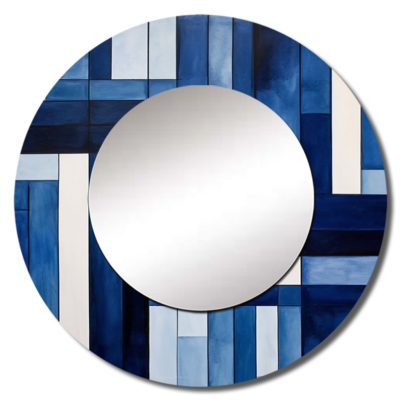 Blue White Sapphire Symmetry I - Abstract Shapes Wall Mirror, Blue Round Decorative Mirror, Printed Metal Art, 36" x 36"