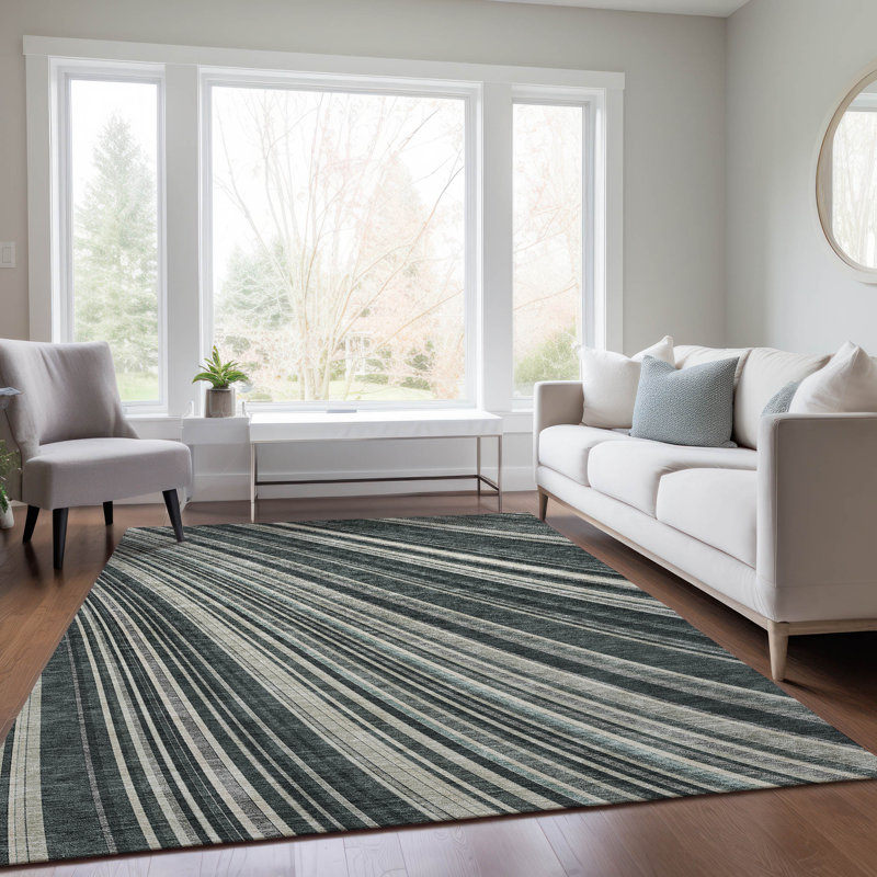 Black and Gray Striped Synthetic Washable Rug, 3' x 5'