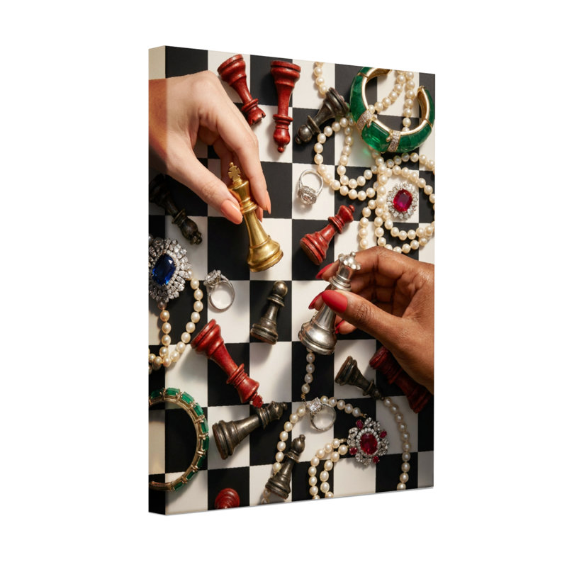 Échiquier abstrait avec bijoux et mains, H 18 po x l 12 po