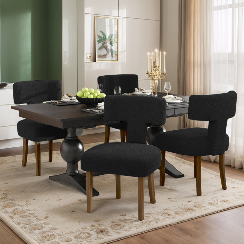 Mid-Century Modern Wood Dining Chairs Set Of 2, Upholstered Boucle Side Chair, Sherpa Accent Chairs Armless For Kitchen Dining Room