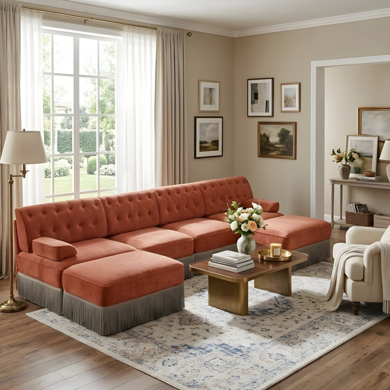 U-shaped, breathable, comfortable fringe-trimmed sofa, 34.2" H x 135.6" W x 60.3" D, Red+Brown Velvet