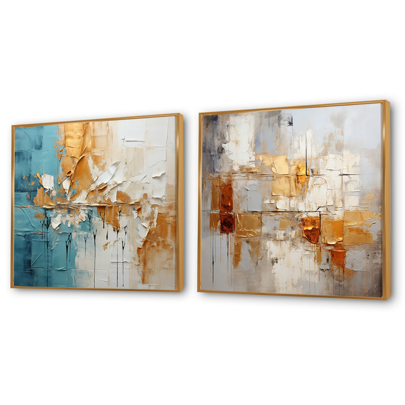 Collage Fusion - Ensemble de 2 collages abstraits carrés, Cadre flottant doré, H 30 po x l 61 po