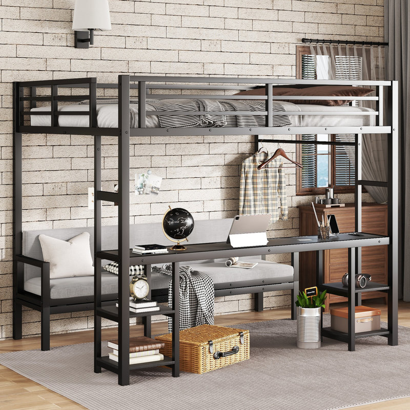 Grand lit superposé simple TG avec bureau, tablettes, DEL et USB, canapé pliable, lit mezzanine multifonctionnel, noir