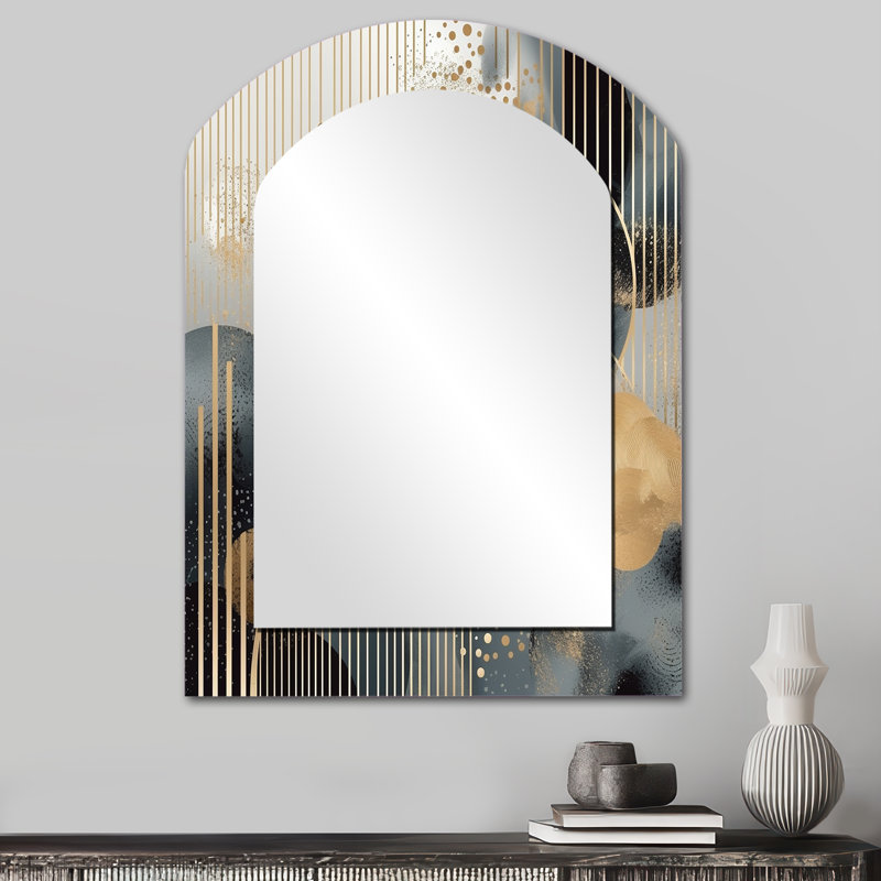 Or et gris moderne formes minimalistes I - formes asymétriques miroir mural décoratif, grand arche d'or, impression sur métal