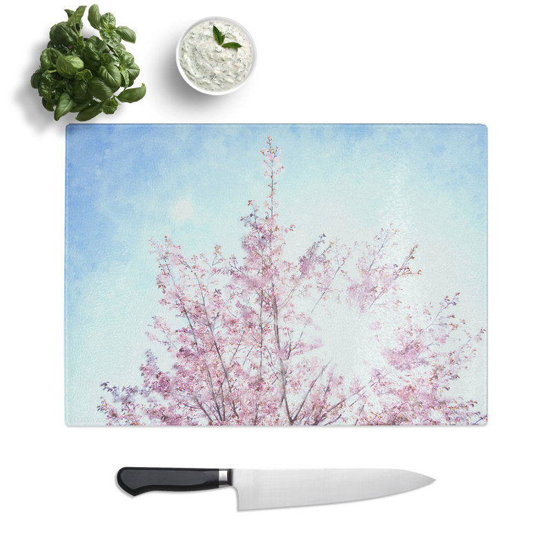 Tempered Glass Pink Japanese Cherry Tree in Spring Chopping Board, 20 cm x 28.5 cm