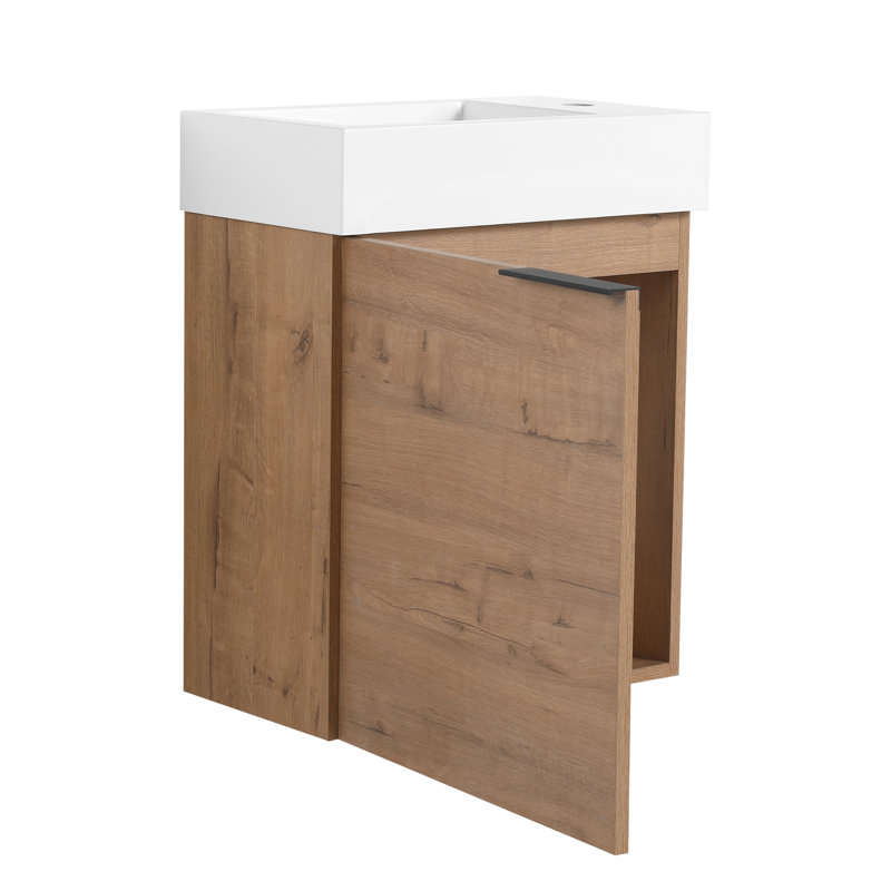 Armoire de salle de bain flottante de 18 po avec lavabo et porte en résine blanche - Espace de rangement moderne en bois contreplaqué