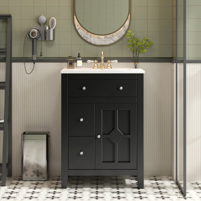Meuble-lavabo moderne 24 po, lavabo en céramique, métal rustique, tiroir lisse, rangement compact pour porte de gels de douche, produits de nettoyage