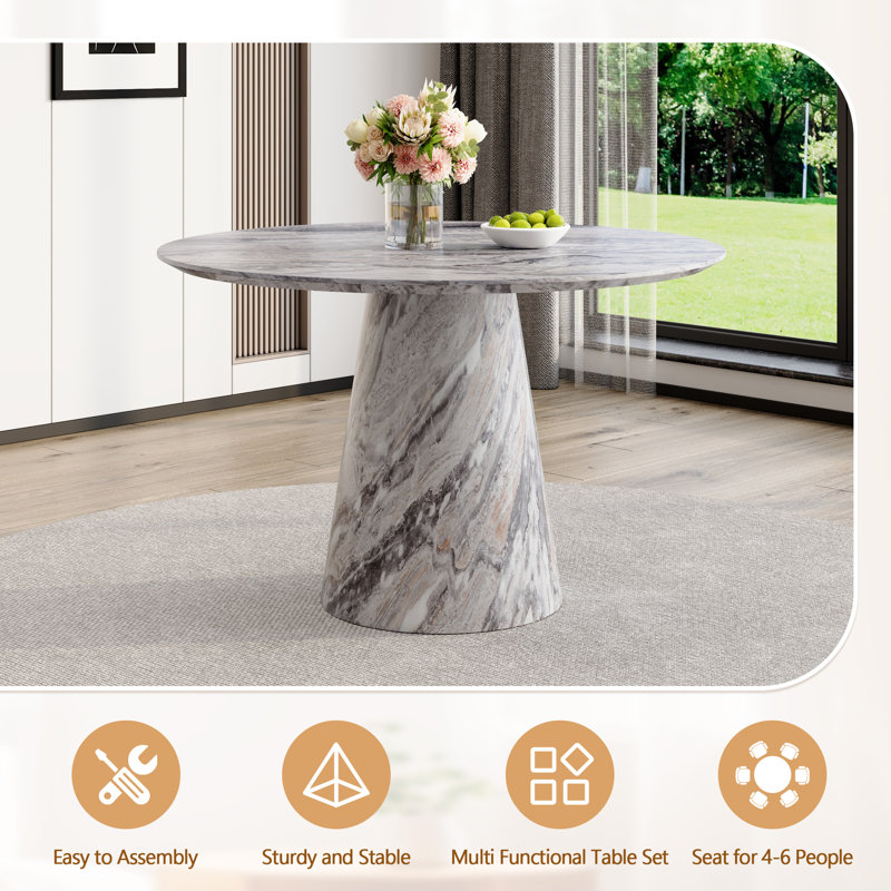 45'' Round Dining Table Set With 4/6 Upholstered Chairs, 7 Pieces: Table, 6 Chairs, Beige