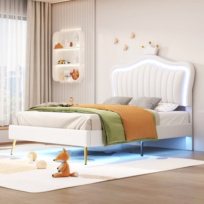 Structure de lit simple tapissier avec lumières DEL, lit princesse rembourré moderne avec tête de lit couronne