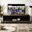 Meuble télé 63 po avec rangement considérable, portes rayées noires, matériau, 4 tablettes, idéal pour le salon, supporte une capacité de rangement de 60 po, apparence, assemblage, pour chambre et chambre à coucher, s'adapte à 60 po