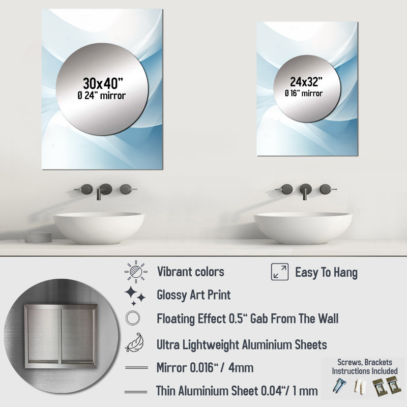 Pollastri Blue and white Abstract Fractal Fusion IV - Fractal Large Wall Mirror, Blue Unique Mirror, Printed Metal Art