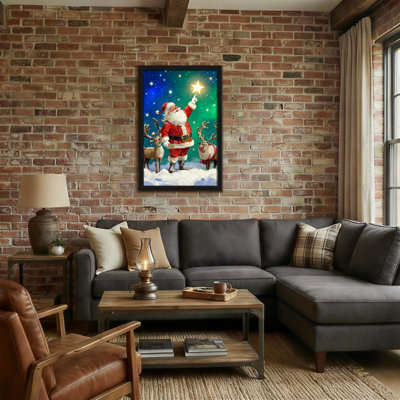 Christmas Santa Points To Star With Reindeer