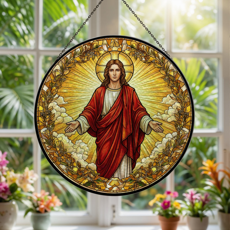 Jesus Christ Stained Glass Window Panel,12"H, H 12 po