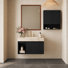 Ensemble de salle de bain combiné, meuble-lavabo suspendu avec comptoir en pierre frittée couleur crème veinée or et armoire murale assortie