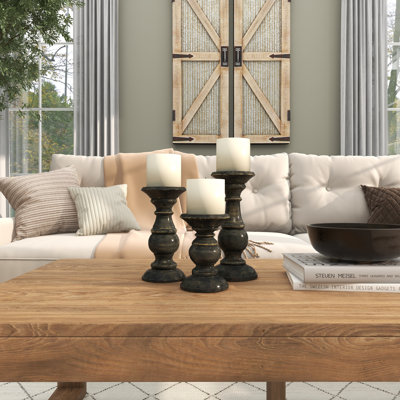 Mango Wood Turned Style Pillar Candle Holders (Set of 3)