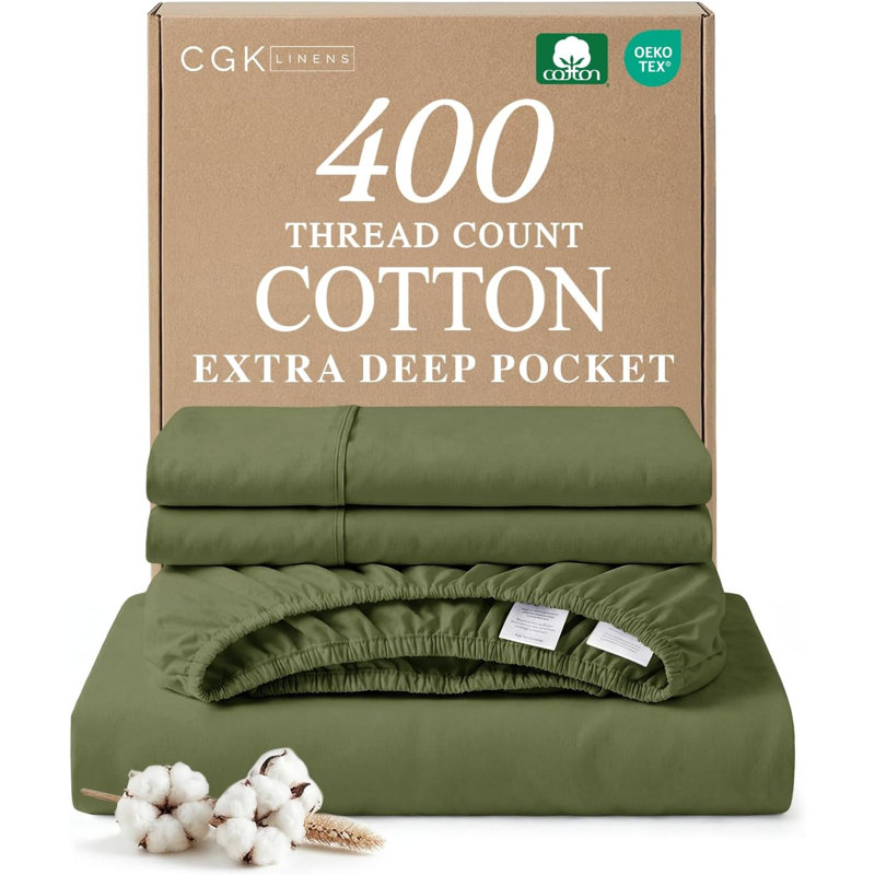 4 Piece 400 Thread Count Cotton Sheet Set – Extra Deep Pocket, Cooling, Breathable & Soft Bedding, Sage Green