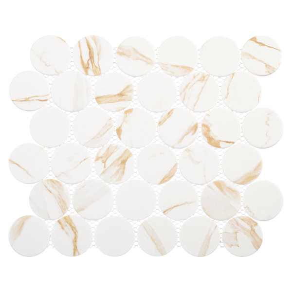 Ispara Dotun Beige 2-in Penny Round Marble Look Matte Glass Wall & Floor Mosiac Tile