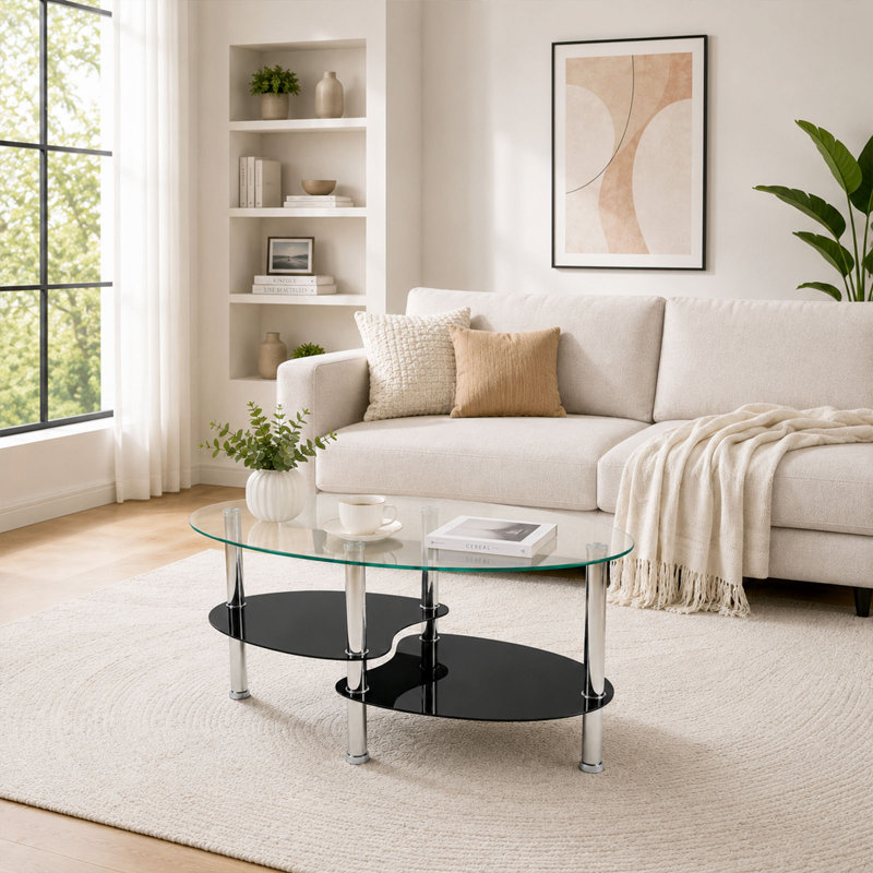 34.65x18.9 2-Tier Oval Tempered Glass Coffee Table with Stainless Steel Legs for the living room
