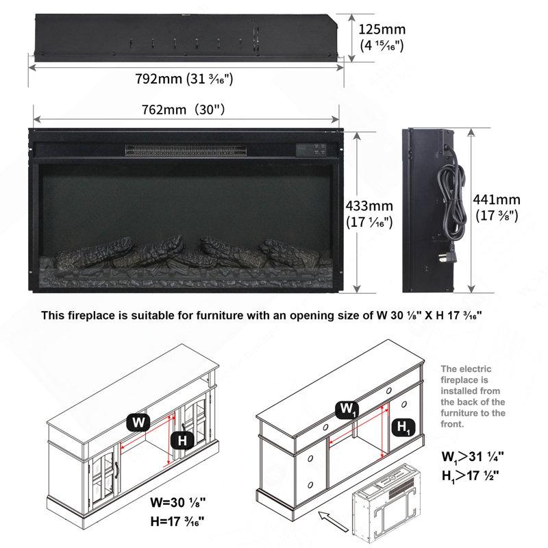 Foyer électrique encastré, chauffage ultra-mince avec bûches factices et flamme réaliste, télécommande avec minuterie et protection contre la surchauffe