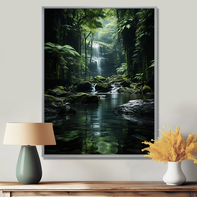 Waterfall Hidden Oasis Forest II, reproduction d'art sur toile, H 44 po x l 34 po x P 1,5 po, Encadrement argenté