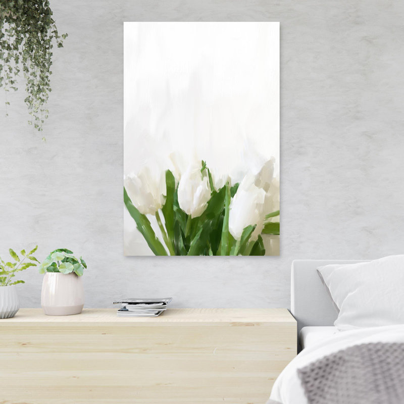 Tulipes blanches sur fond blanc - 1 pièce, reproduction d'art graphique sur toile tendue, H 36 po x l 24 po