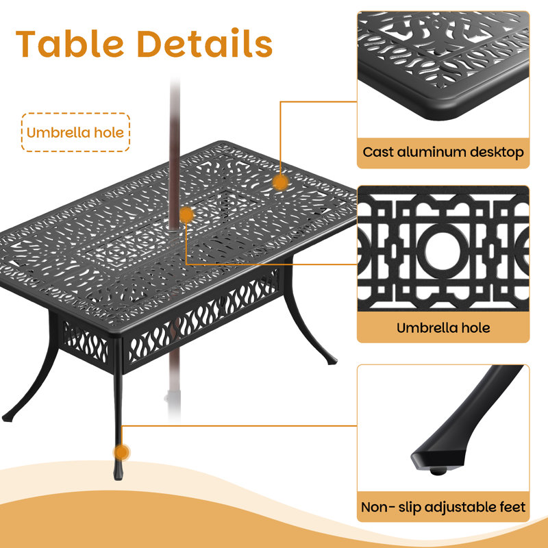 5-Piece 58.27"L Rectangular Outdoor Dining Set with Umbrella Hole, 4 Stackable Chairs, Brown Cushions