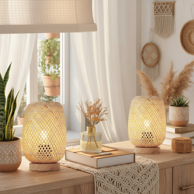 Benvolio Rattan Weave Bamboo Table Lamp With Wood Base Mini Wicker Desk Lamp Boho Farmhouse Nightstand Lamp（Set Of 2）