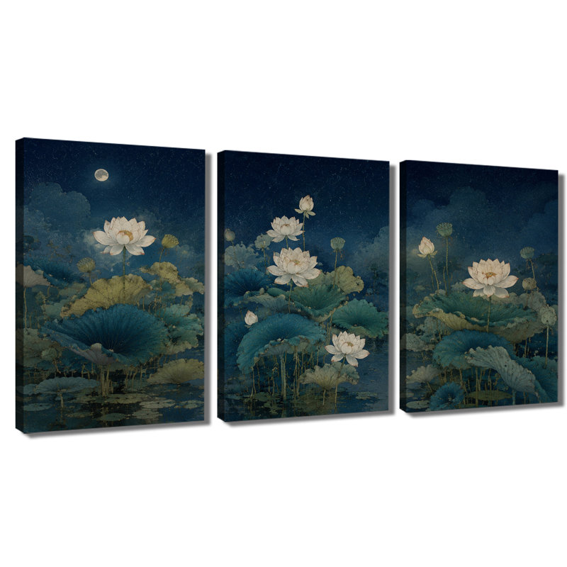 3 panneaux muraux, nuit, lune, lotus, étang, impression sur toile, 12 * 18 pouces * 3
