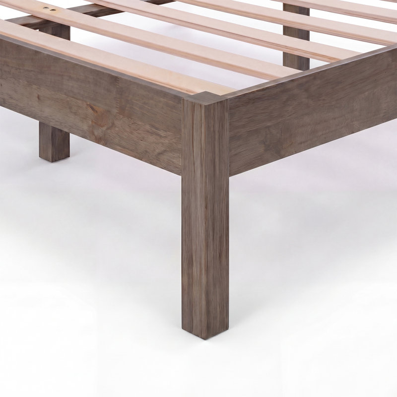 Lit plateforme classique en bois massif avec tête de lit, grand lit, finition grise, aucun sommier requis, assemblage facile
