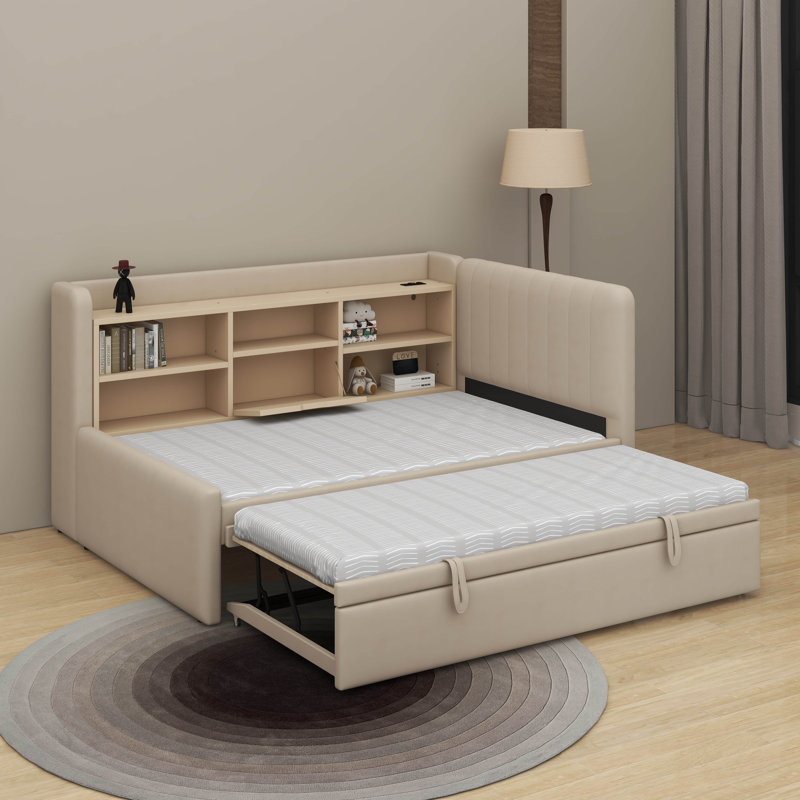 Lit de jour simple rembourré avec couchette, Beige