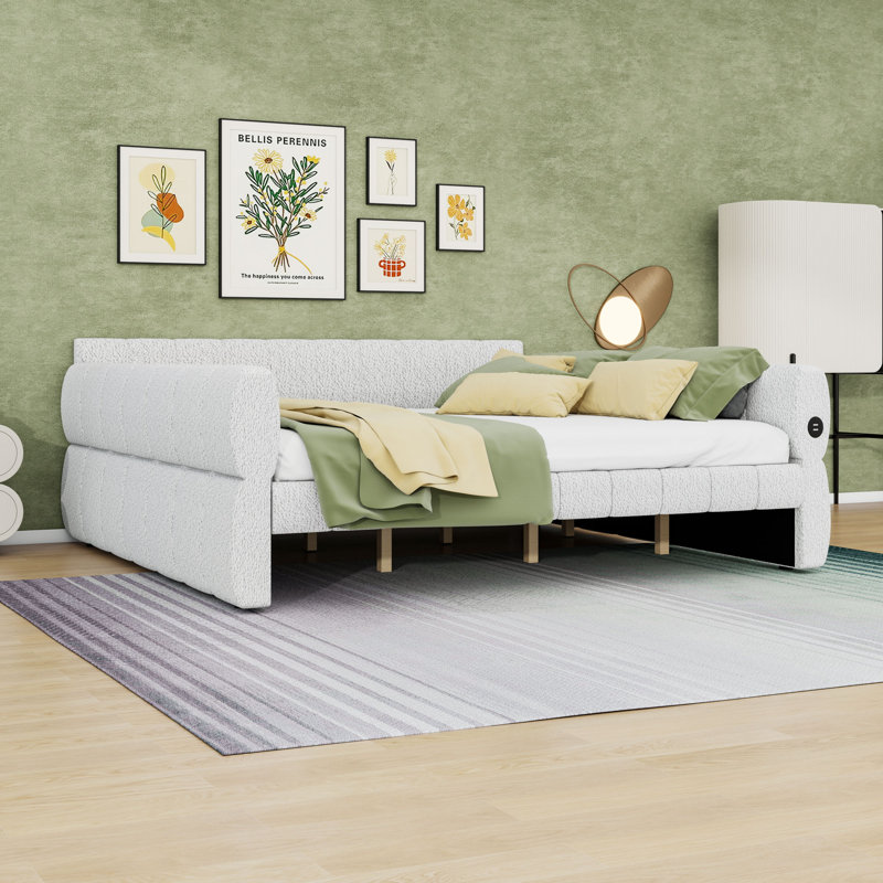 King Size Upholstered Daybed with Built-in USB Ports and Sturdy Wood Frame, White