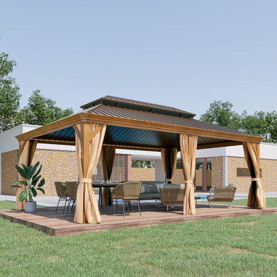  14 ft x 20 ft Hardtop Gazebo With Galvanized Steel Double Roof, Aluminum Frame, Wood-grain Finish, Netting & Curtains for Garden, Backyard, Deck & Lawn