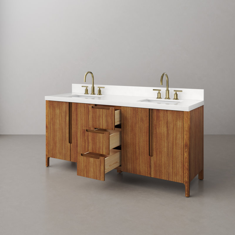 Sequoia 72 In. Double Sink Whitebrook Quartz Countertop Bath Vanity in Mango Wood With Chrome Faucet, Noir Juglans, Gold