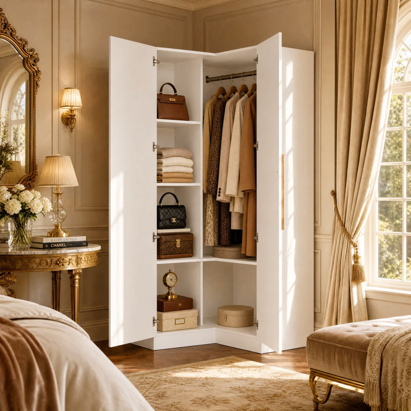 Garde-robe de coin à 2 portes avec tringle suspendue et 6 tablettes intérieures, rangement pour garde-robe de chambre à coucher peu encombrant