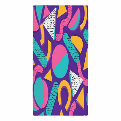 1Pcs Retro Abstract Beach Towel, featuring vibrant geometric shapes in a playful 80s Memphis style pattern. Large, quick-dry, perfect for trips, pool days, and travel, unisex.