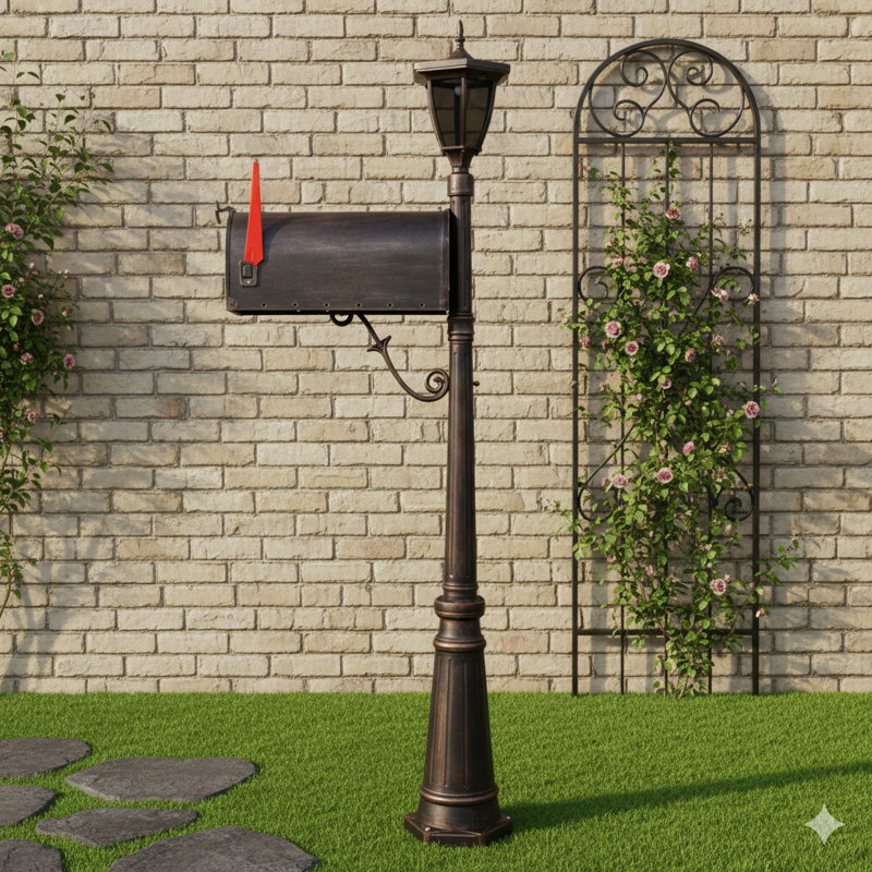A Combined Mailbox And Lighting System, Featuring A Fluted Base Post And A Decorative, Sturdy Cast Aluminum Mailbox Unit Designed For Outdoor Installation.