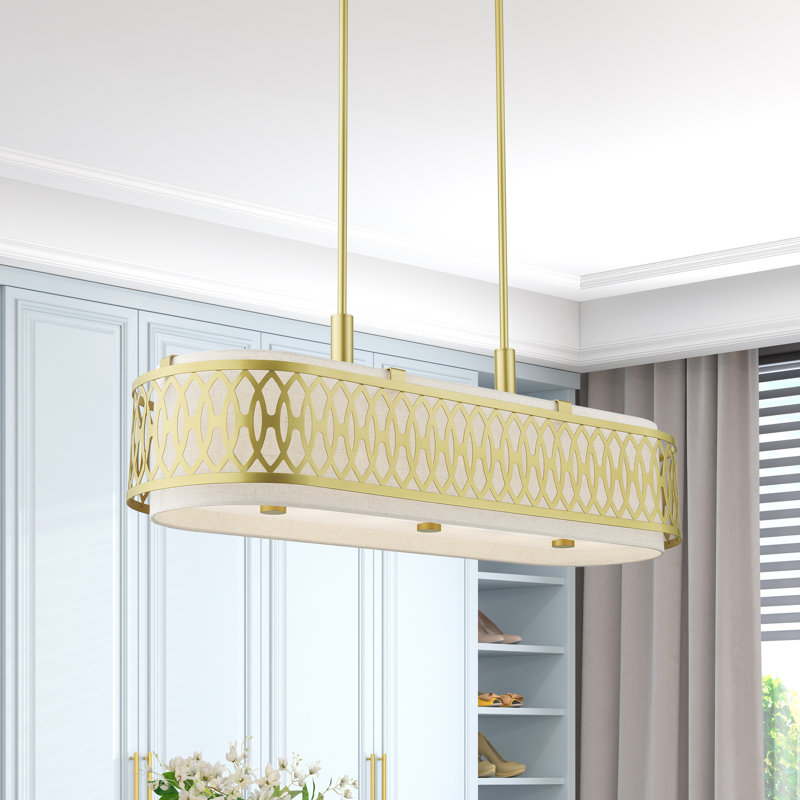 Grand lustre linéaire en bronze anglais 6 lumières avec abat-jour rigide en tissu de couleur avoine fabriqué à la main