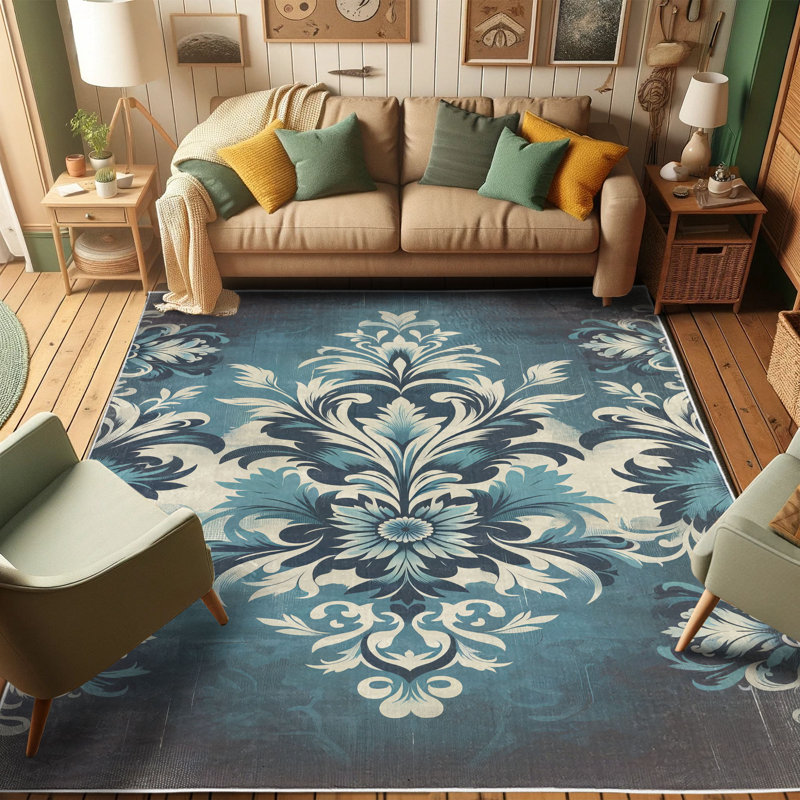 Sea Blue and Dark Purple Damask Synthetic Area Rug